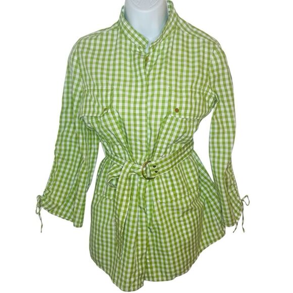 Tory Burch Lime Green Button Down Belted Gingham Cotton Shirt Tie Sleeve 6 - Picture 1 of 10